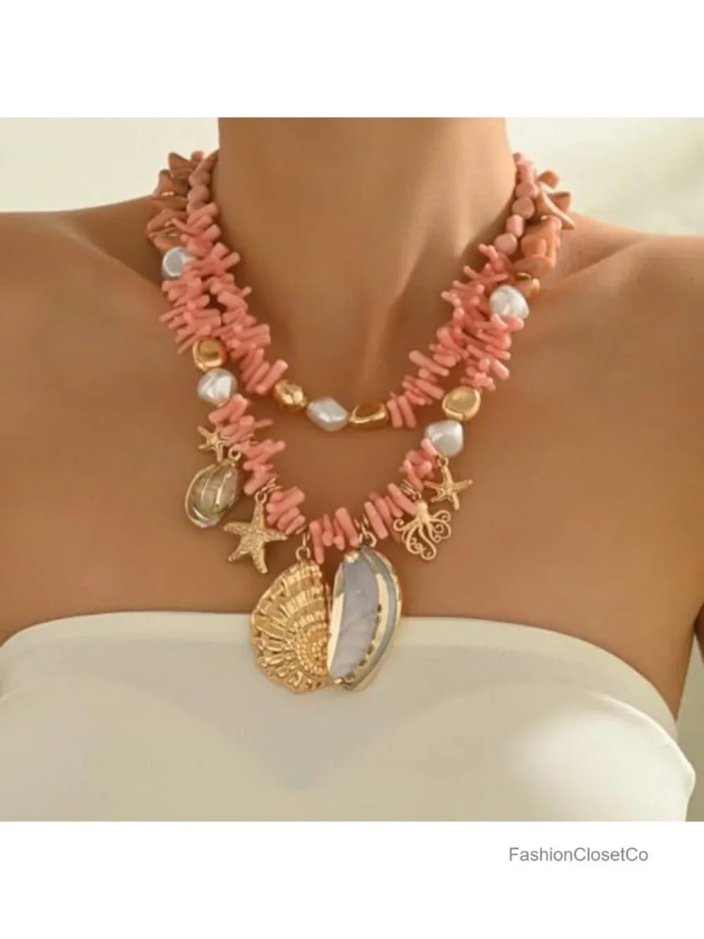 Pink Shell Charm Necklace for Women, Double Layer Irregular Chip Bead Statement